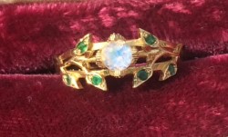 Custom 18k yellow gold moonstone emerald ring