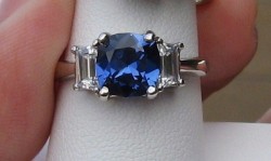 14k 8mm Sapphire Cushion & Trapezoid 3 Stone Ring