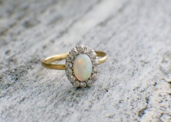 18K Gold Opal & European Cut Diamond Halo Ring