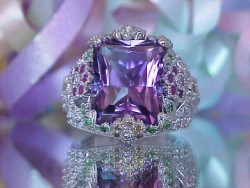 Amethyst & precious stones flowers ring WG CAD